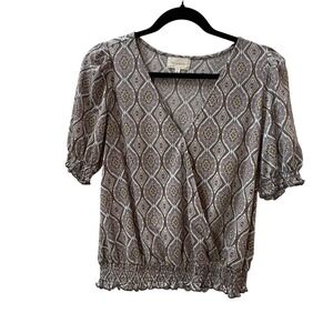 Cottage Core Boho Women's Small Blouse Diamond Print Short Sleeve Smocked Waist